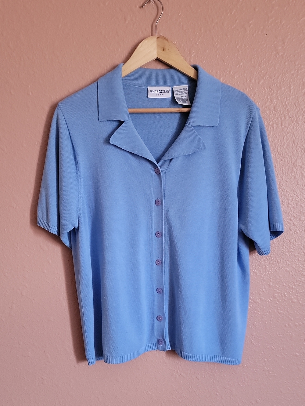 White Stag Light Blue Short Sleeve Button-Front Collared Knit Top Vintage Preppy